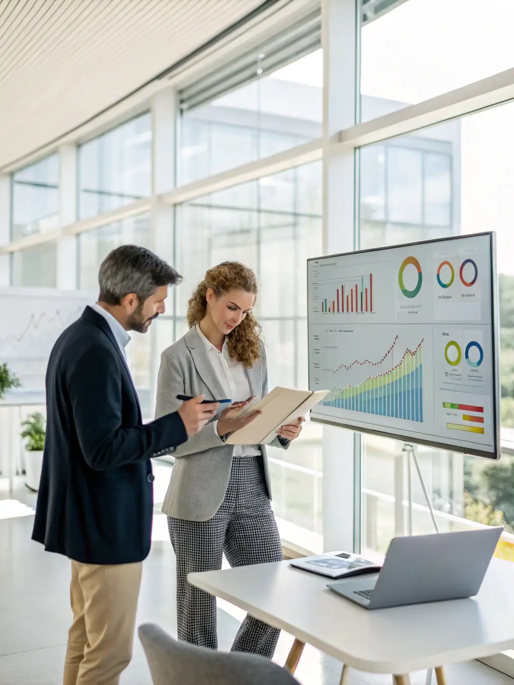 A consultant reviewing key performance indicators (KPIs) with a business owner, showing positive growth trends.