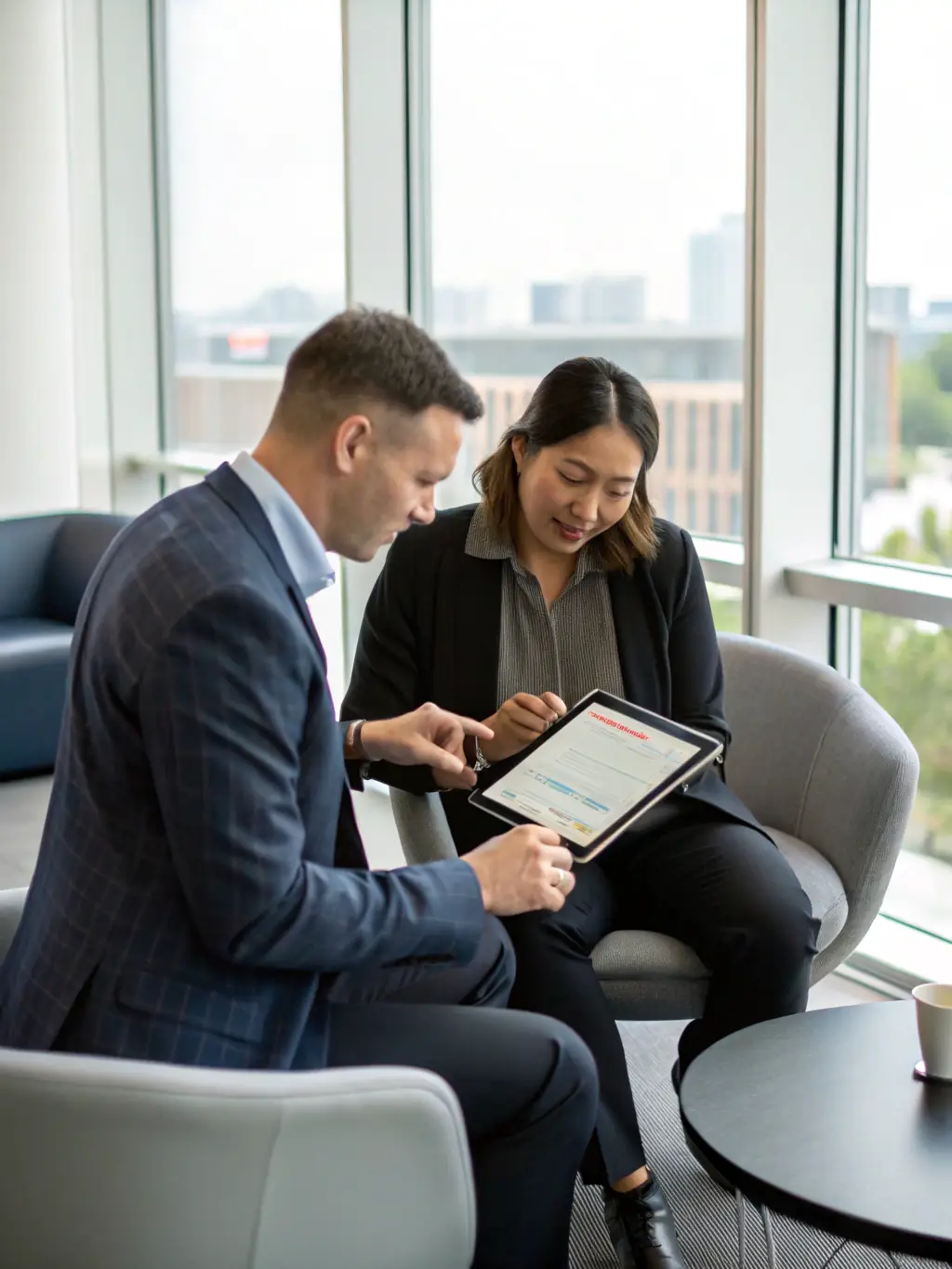 Consultants working with trade business employees, implementing new software and training them on its use.