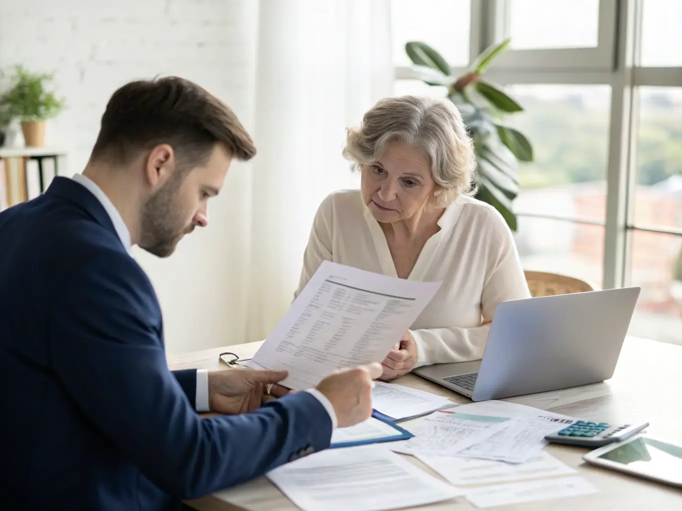 An image of a business owner reviewing financial documents with a consultant in a professional setting, illustrating the Exit Preparation & Planning service.
