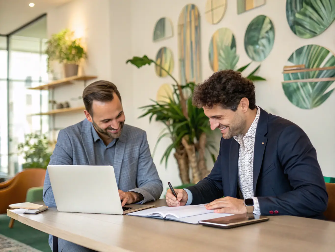 An image of a business consultant discussing growth charts with a small business owner in a modern office setting, symbolizing the Business Growth Strategy service.