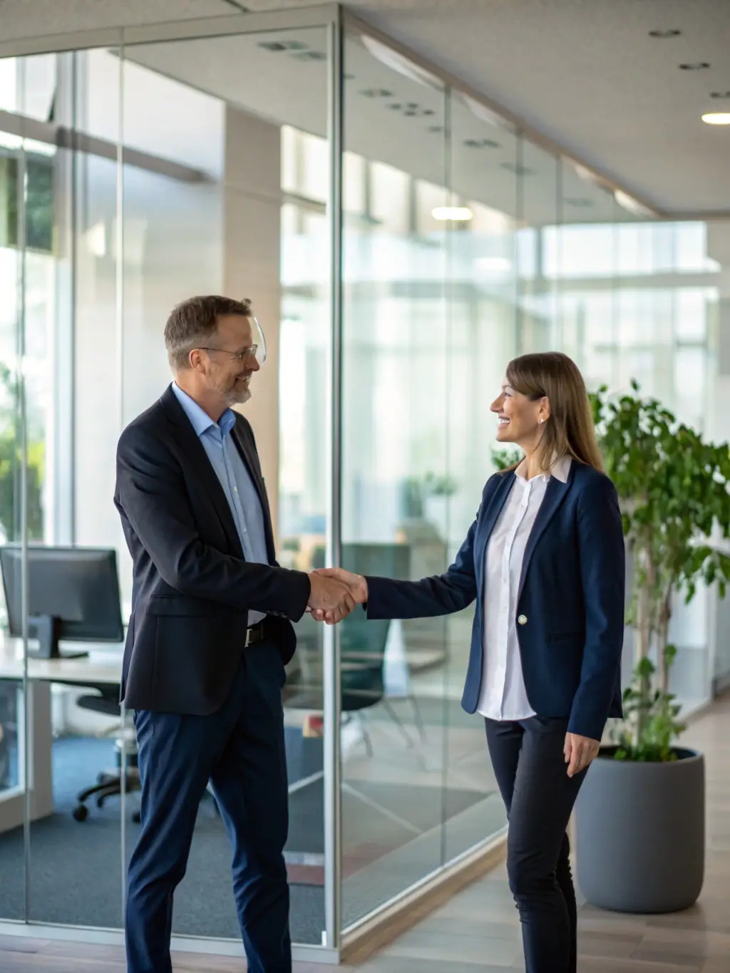A consultant and a trade business owner shaking hands over a signed agreement, symbolizing the start of a partnership.