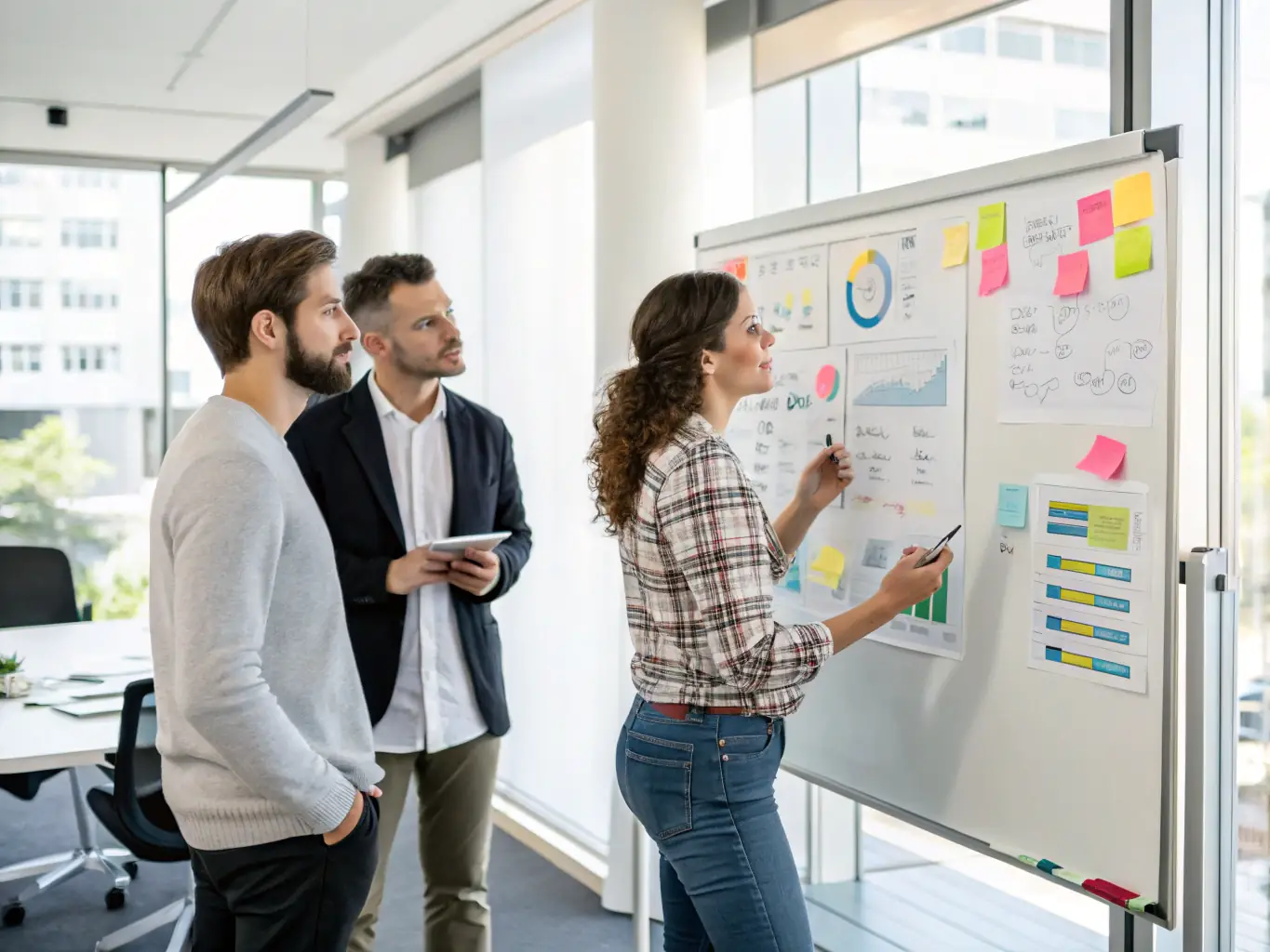 An image of a team working on process flowcharts and digital systems on a whiteboard, representing the Systematization & Optimization service.