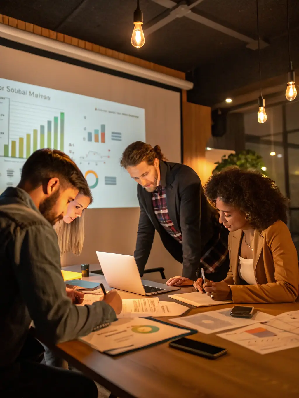 A team of consultants is analyzing business data and charts on a large screen, representing the in-depth analysis phase.