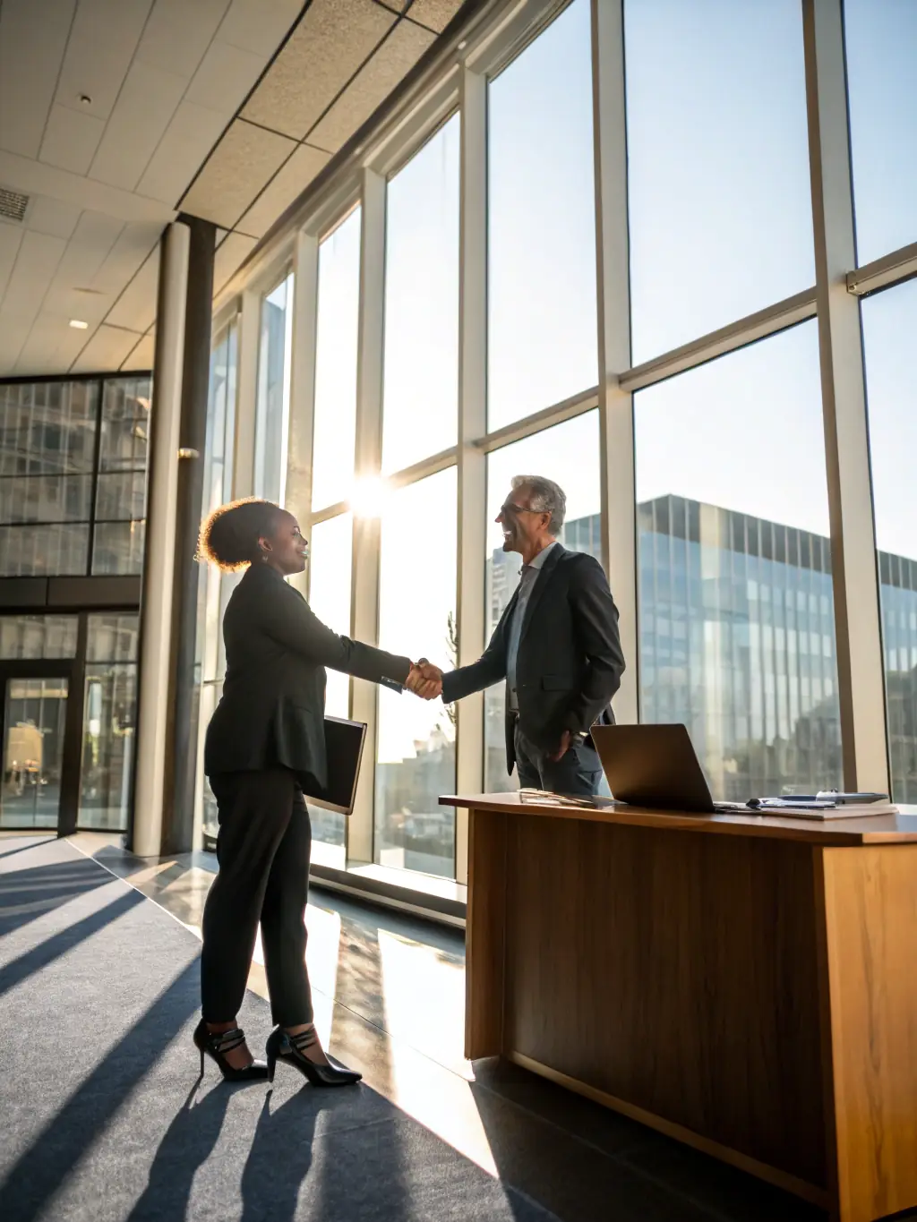 A consultant and a trade business owner are shaking hands over a signed agreement in a modern office setting, symbolizing the start of a partnership.