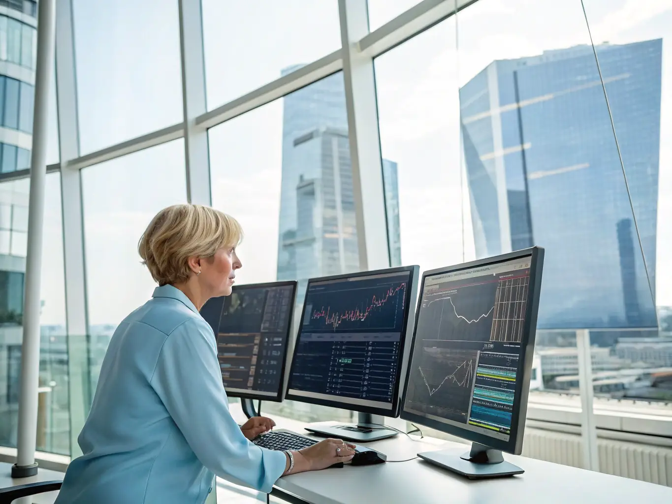 A consultant is reviewing business performance data with a small trade business owner in a modern office setting, focusing on growth opportunities.