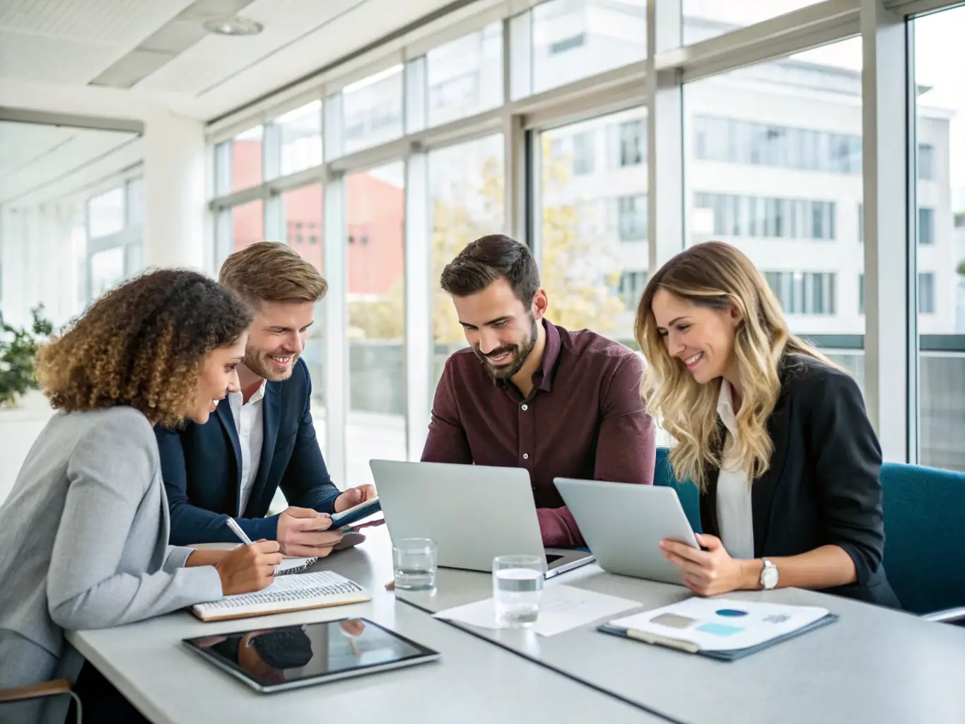 A team of consultants is collaborating on systematization strategies in a bright, modern office, emphasizing efficiency and optimization.